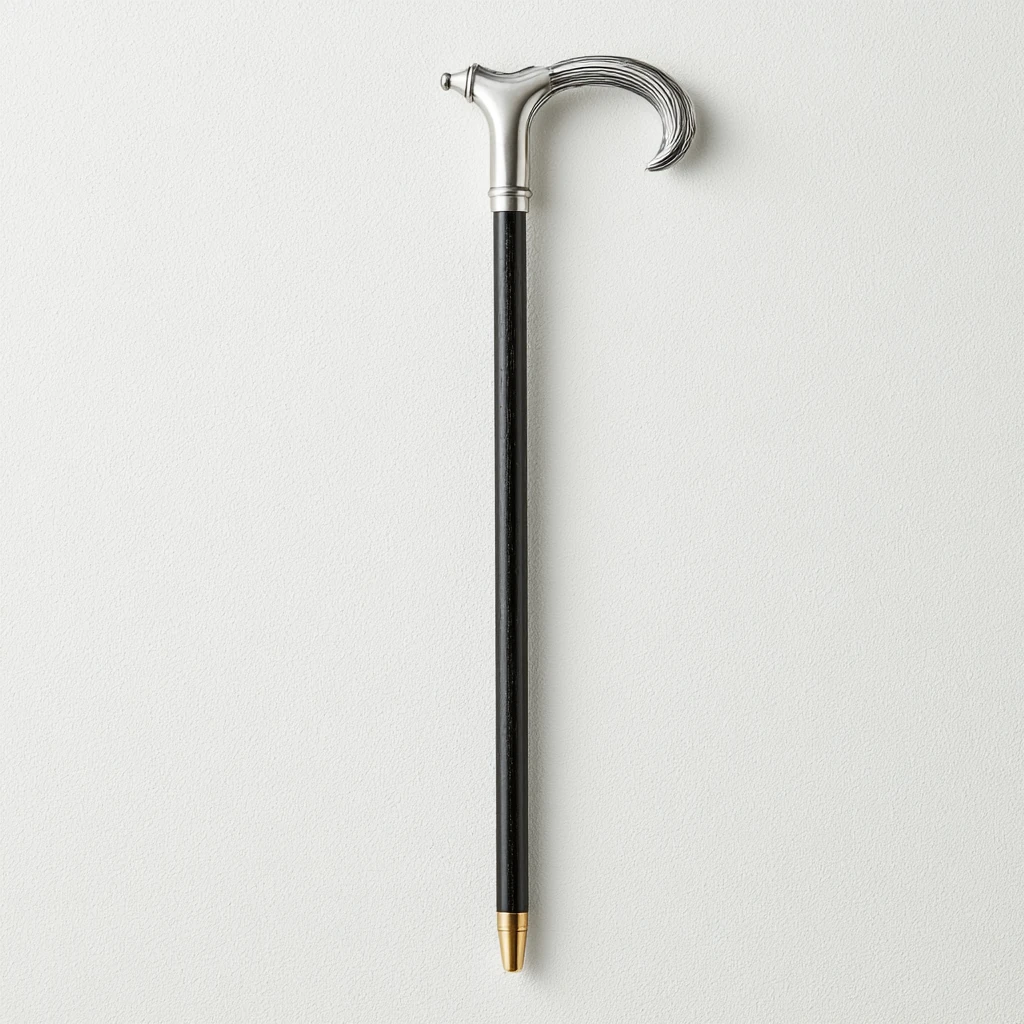 Klassisk sort lakkstokk med sølvhåndtak — formelt herreaccessory til Snippkjole og White Tie