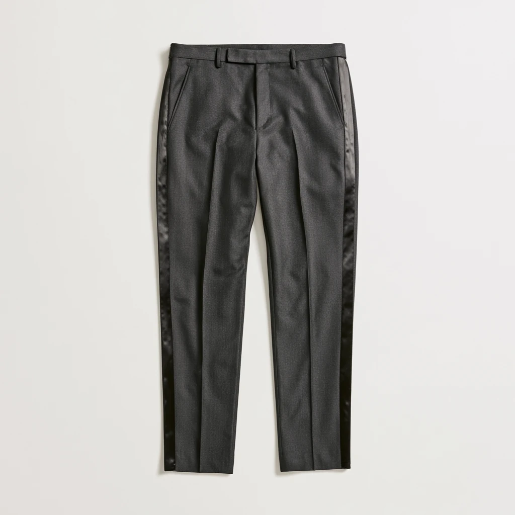 Smokingbukse — sort ullbukse med enkelt satin-stripe til black tie