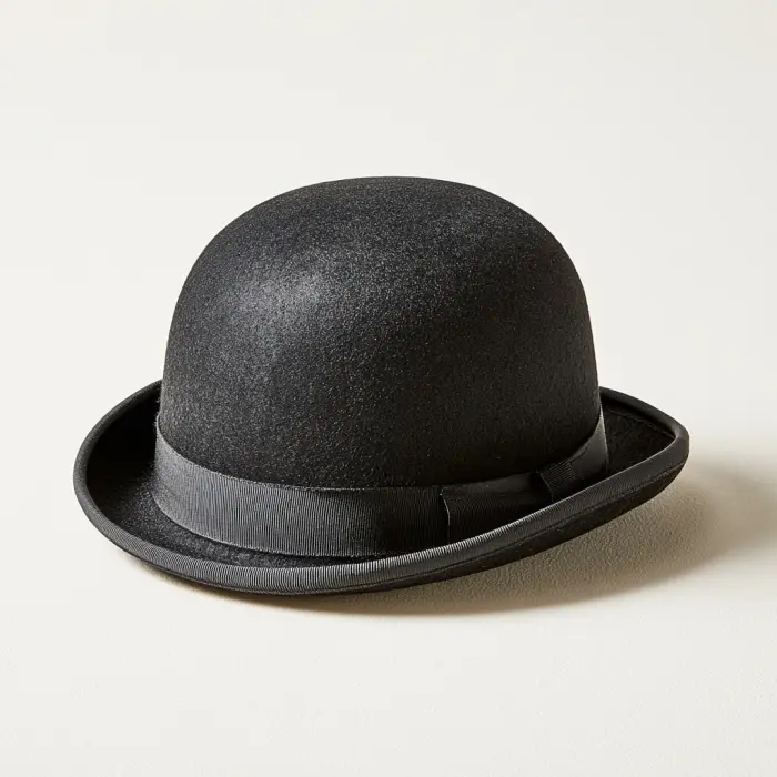 Bowler-hatt: hard, halvkuleformet filthatt med smal oppbøyd brem, med nummererte målepunkter