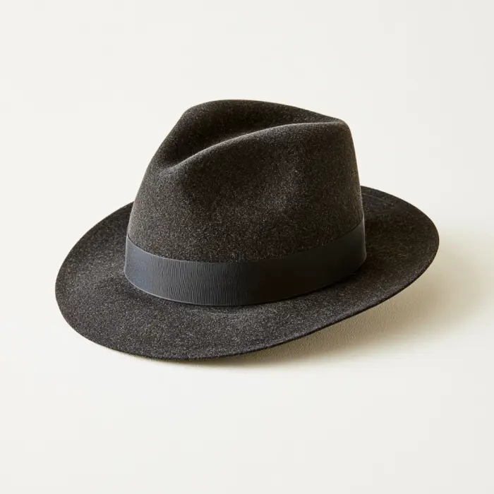 Fedora: myk filt-hatt med kronefold og middels nedbøyd brem, med nummererte målepunkter