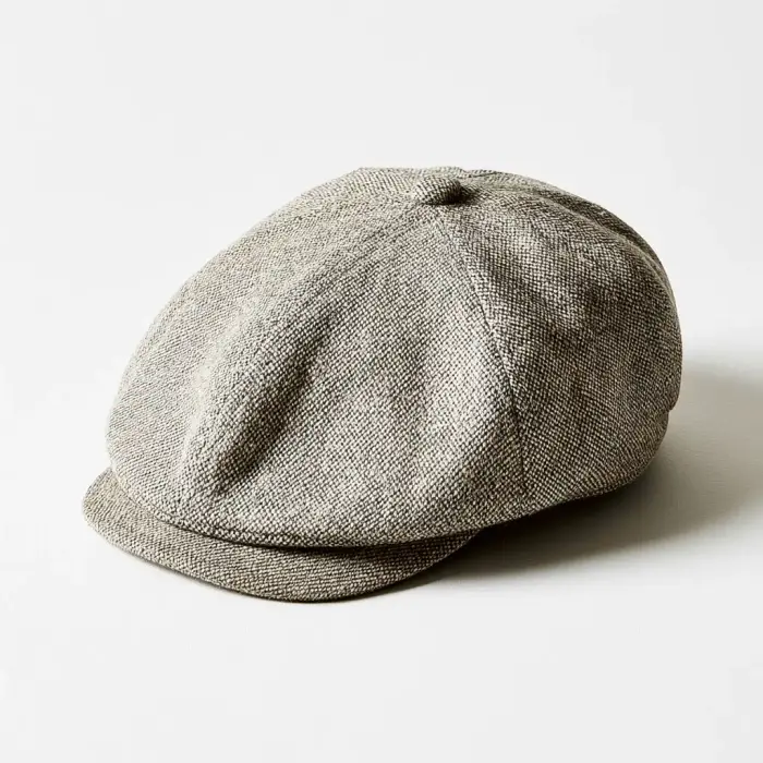 Sixpence / flat cap: flat, fremovervendt skygge og strukturert myk krone, med nummererte målepunkter