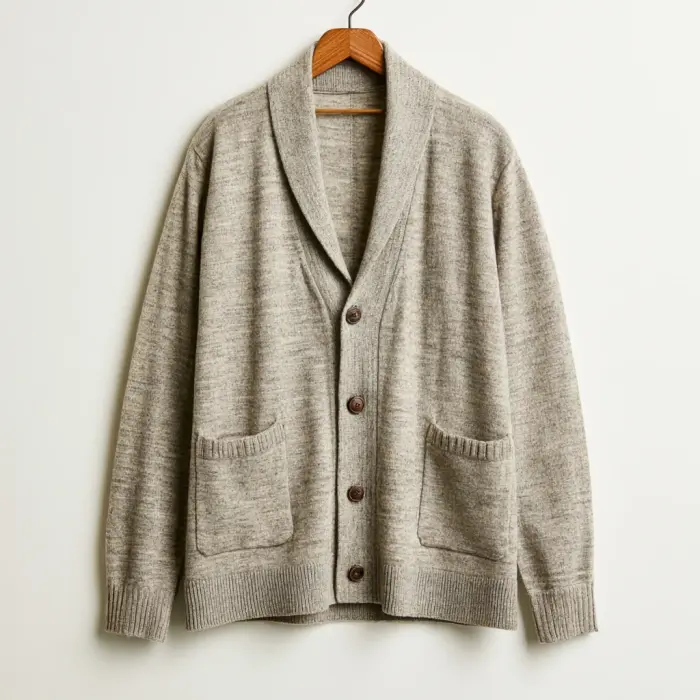 Cardigan: strikkejakke med knapper i merinoull til casual og smart casual, med nummererte målepunkter