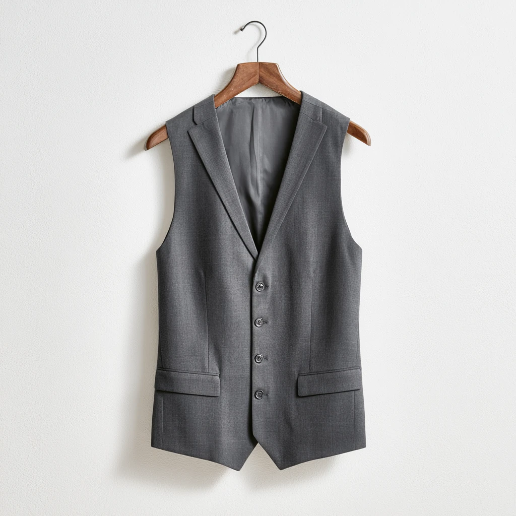 Vest (waistcoat) — ermeløs dressvest i mørk ull som del av three-piece-dress