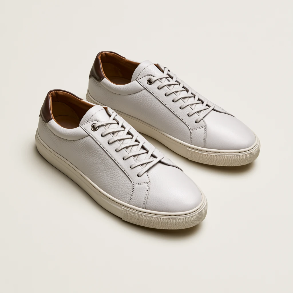 Hvit skinnsneaker — Off-white med tan