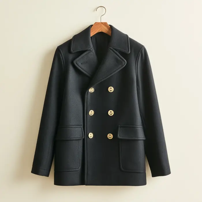 Pea coat / Caban: dobbeltspent marineblå ullfrakk i hofthøyde, med nummererte målepunkter