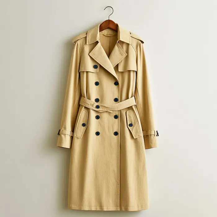 Trench coat: klassisk beige dobbeltspent gabardine-frakk med belte og storm-flap, med nummererte målepunkter